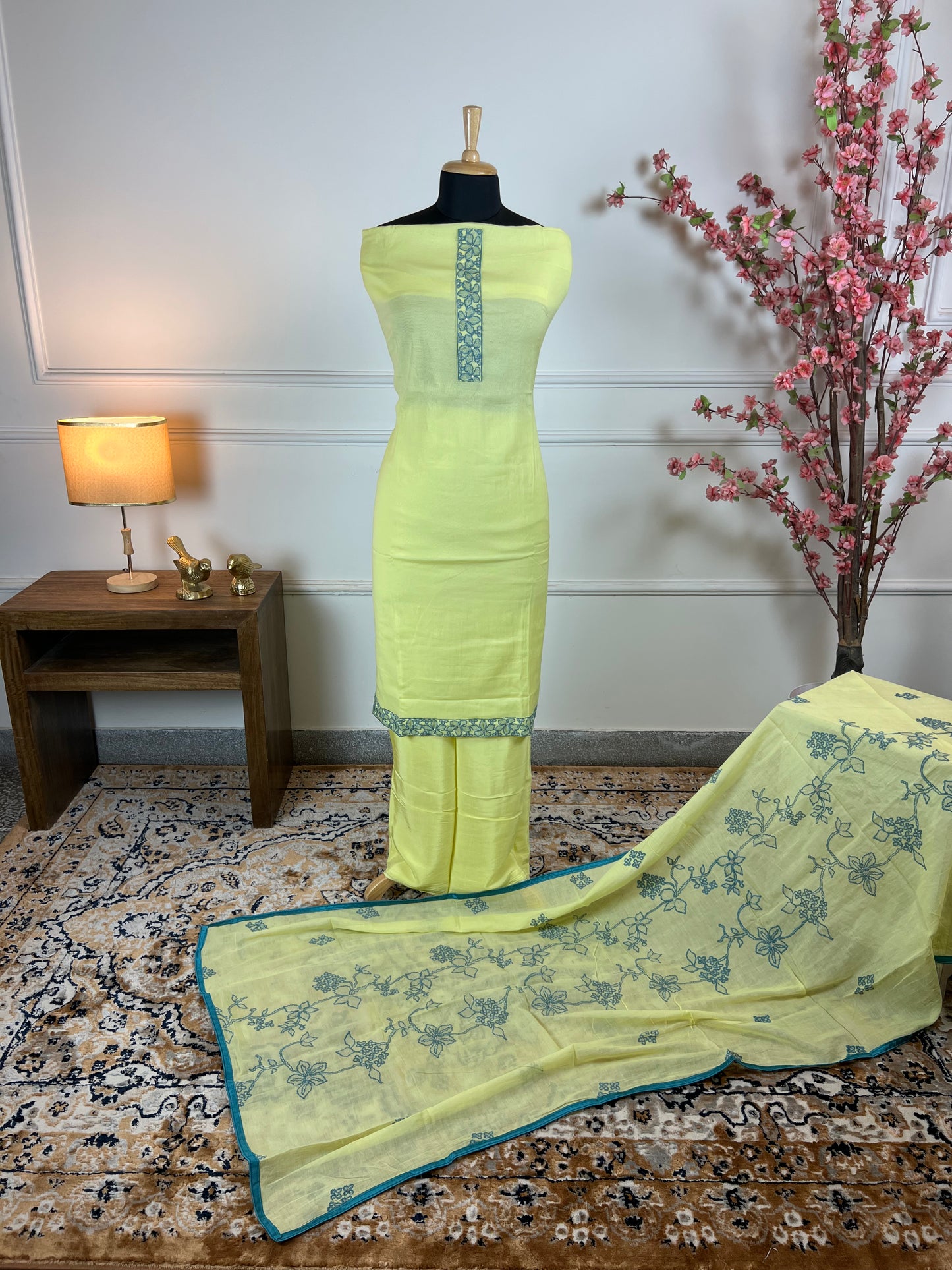 TOP: mul muslin with threadwork ; BOTTOM: Muslin silk ; DUPATTA: mul with thread work  art no 0123