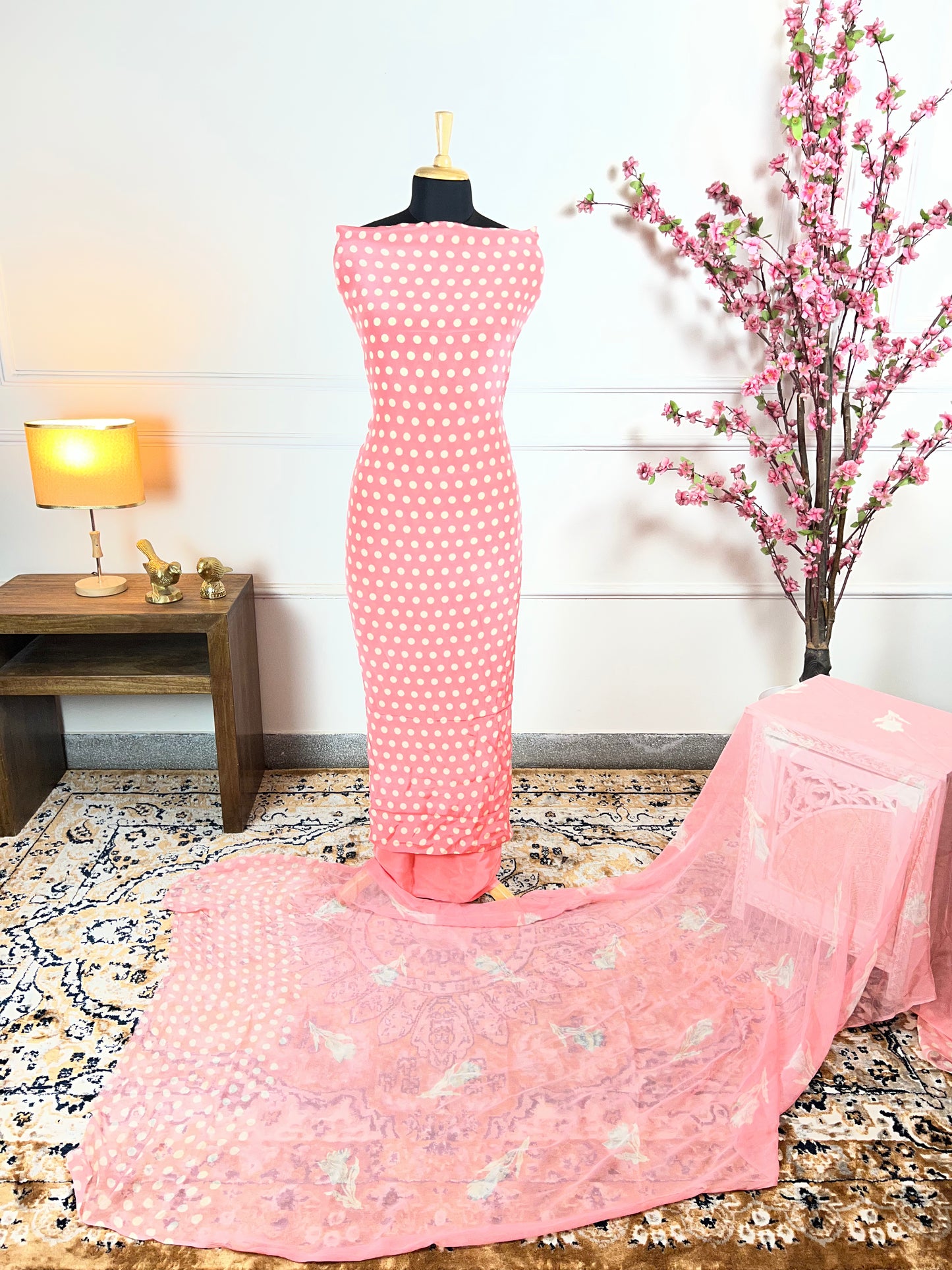 TOP: Crape polka dots ; BOTTOM: Crape ; DUPATTA: Pure printed  art no 0126