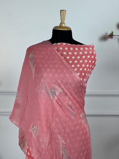 TOP: Crape polka dots ; BOTTOM: Crape ; DUPATTA: Pure printed  art no 0126