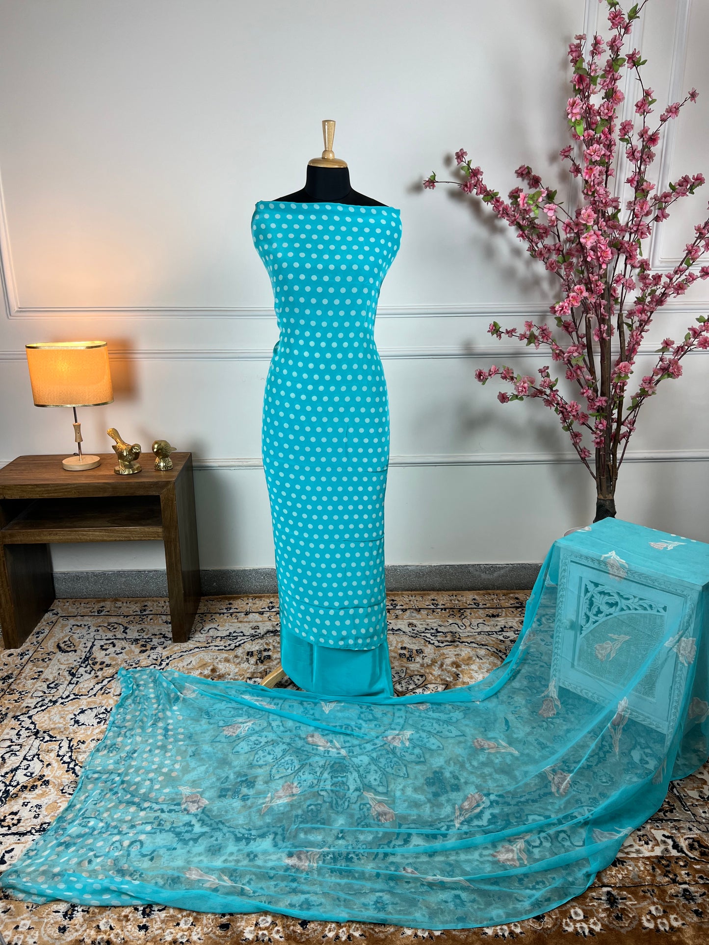 TOP: Crape polka dots ; BOTTOM: Crape ; DUPATTA: Pure digital print  art no 0133