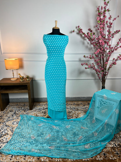 TOP: Crape polka dots ; BOTTOM: Crape ; DUPATTA: Pure digital print  art no 0133