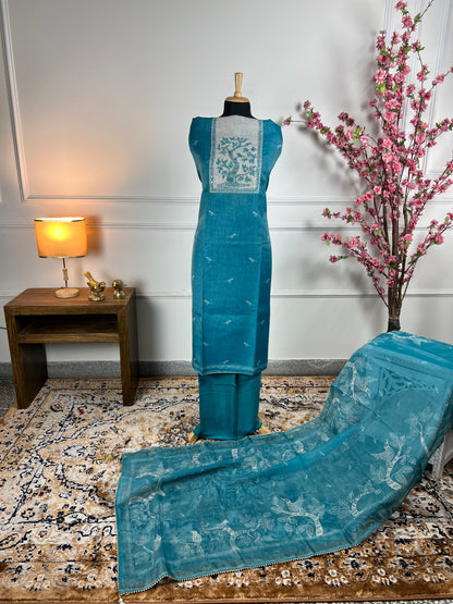 TOP: Shimar Khadi Silk with Neck design ; BOTTOM: Silk santoon ; DUPATTA: Shimar Khadi silk with digital print  art no 0151