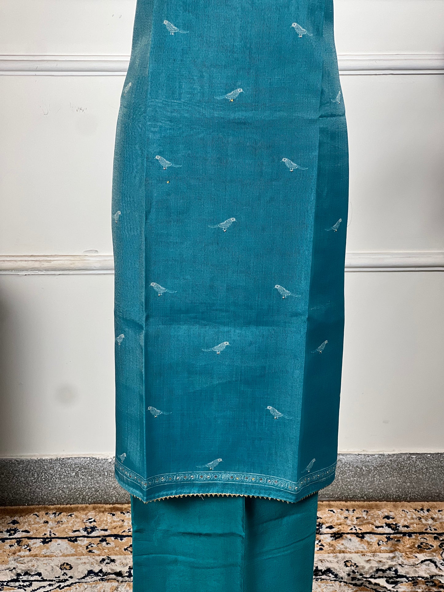 TOP: Shimar Khadi Silk with Neck design ; BOTTOM: Silk santoon ; DUPATTA: Shimar Khadi silk with digital print  art no 0151