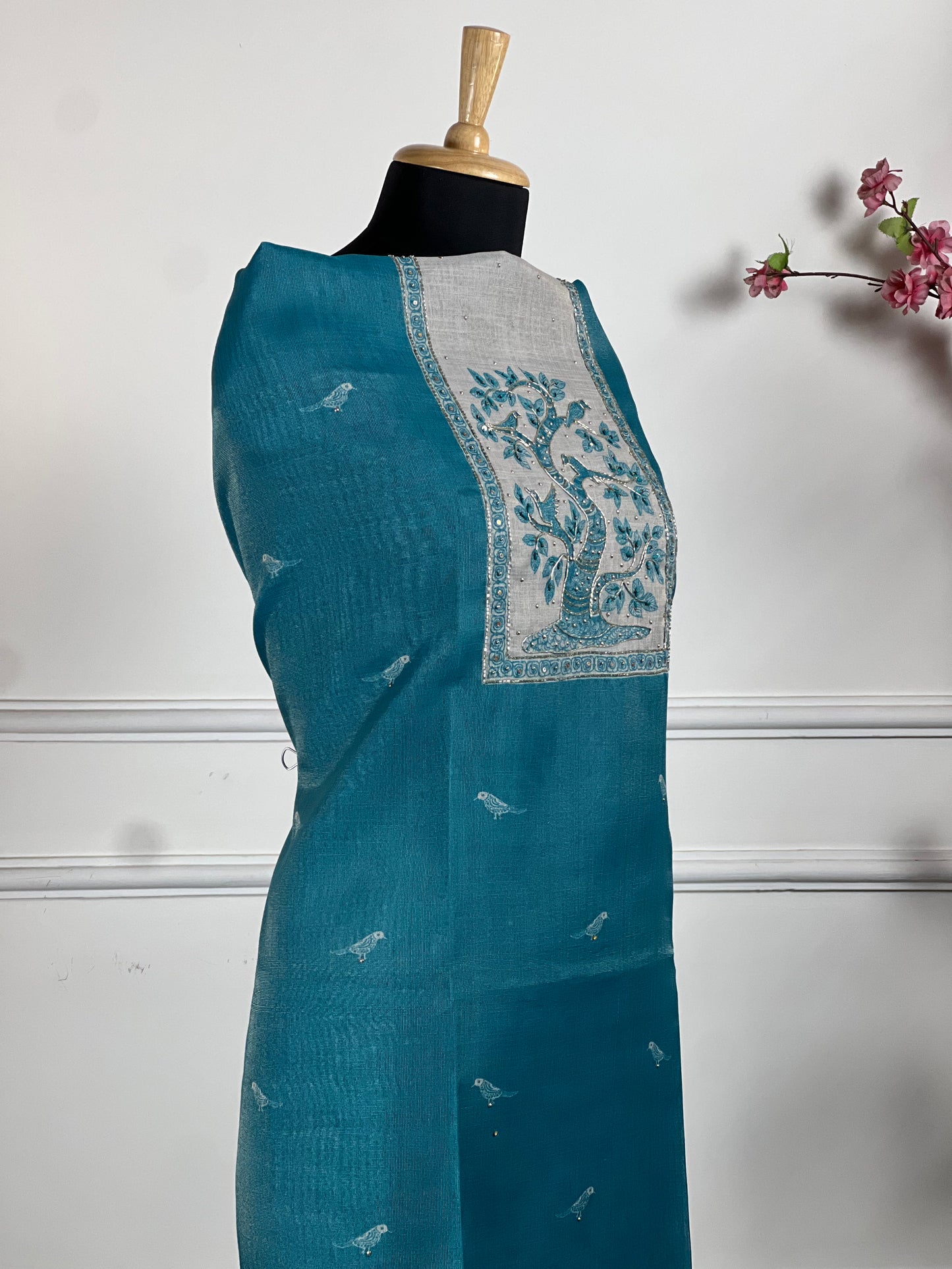 TOP: Shimar Khadi Silk with Neck design ; BOTTOM: Silk santoon ; DUPATTA: Shimar Khadi silk with digital print  art no 0151