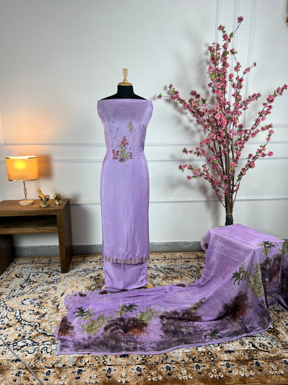 TOP: Habutai silk work on neck and border ; BOTTOM: Plain Jaam Satin ; DUPATTA: Pure Chinon digital printed  art no 0157