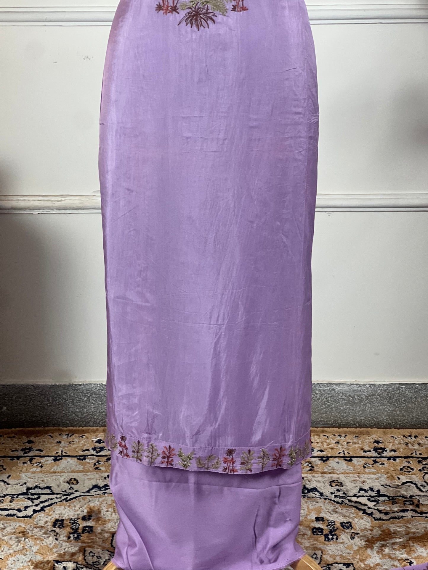 TOP: Habutai silk work on neck and border ; BOTTOM: Plain Jaam Satin ; DUPATTA: Pure Chinon digital printed  art no 0157