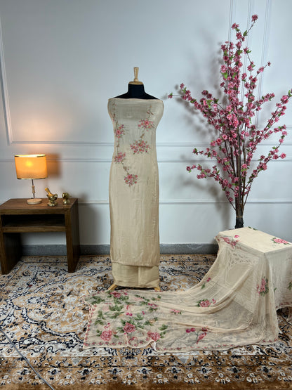 TOP: Habutai Silk work on neck ; BOTTOM: Plain Jaam Satin ; DUPATTA: Pure printed  art no 0158