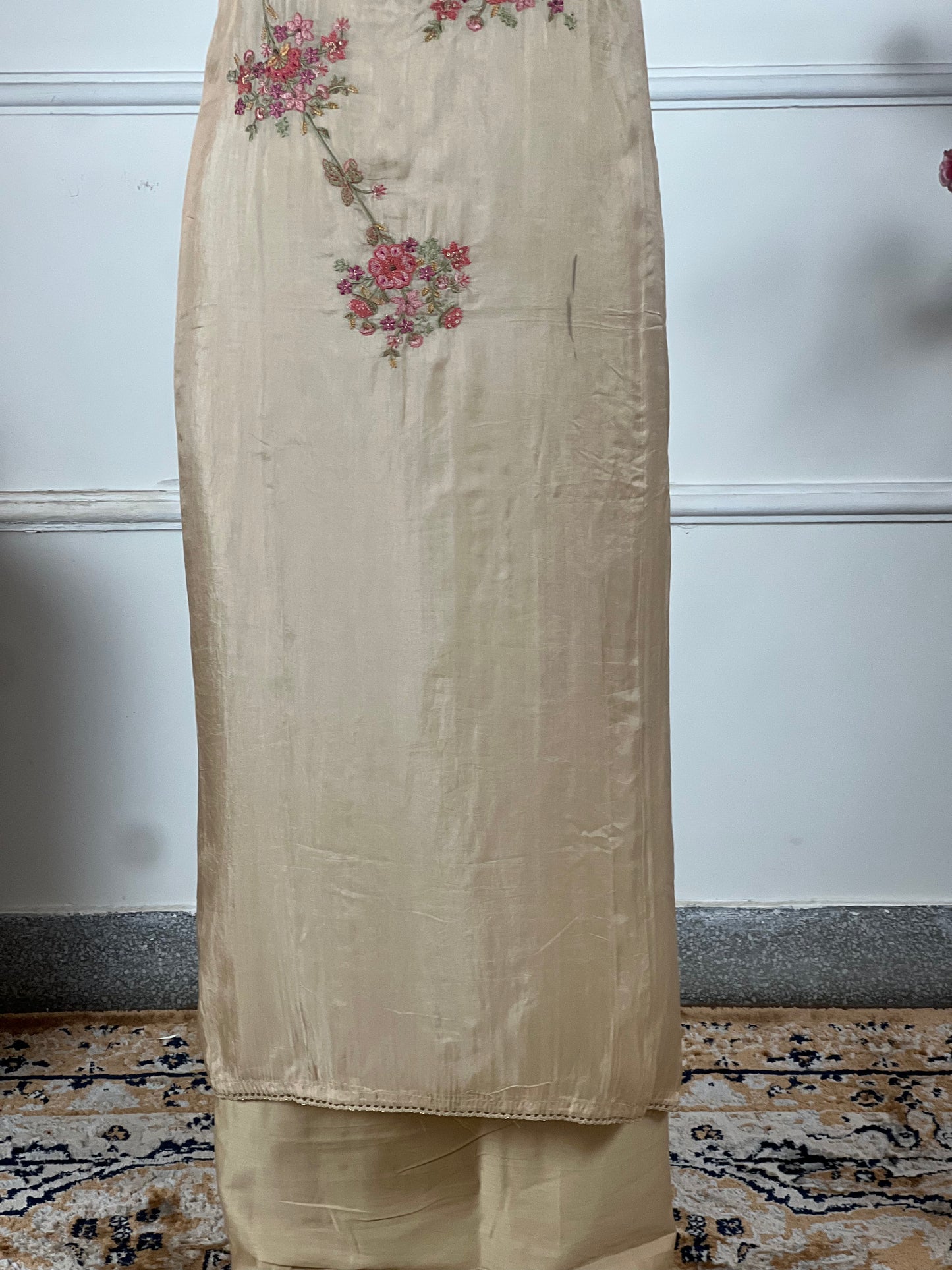 TOP: Habutai Silk work on neck ; BOTTOM: Plain Jaam Satin ; DUPATTA: Pure printed  art no 0158