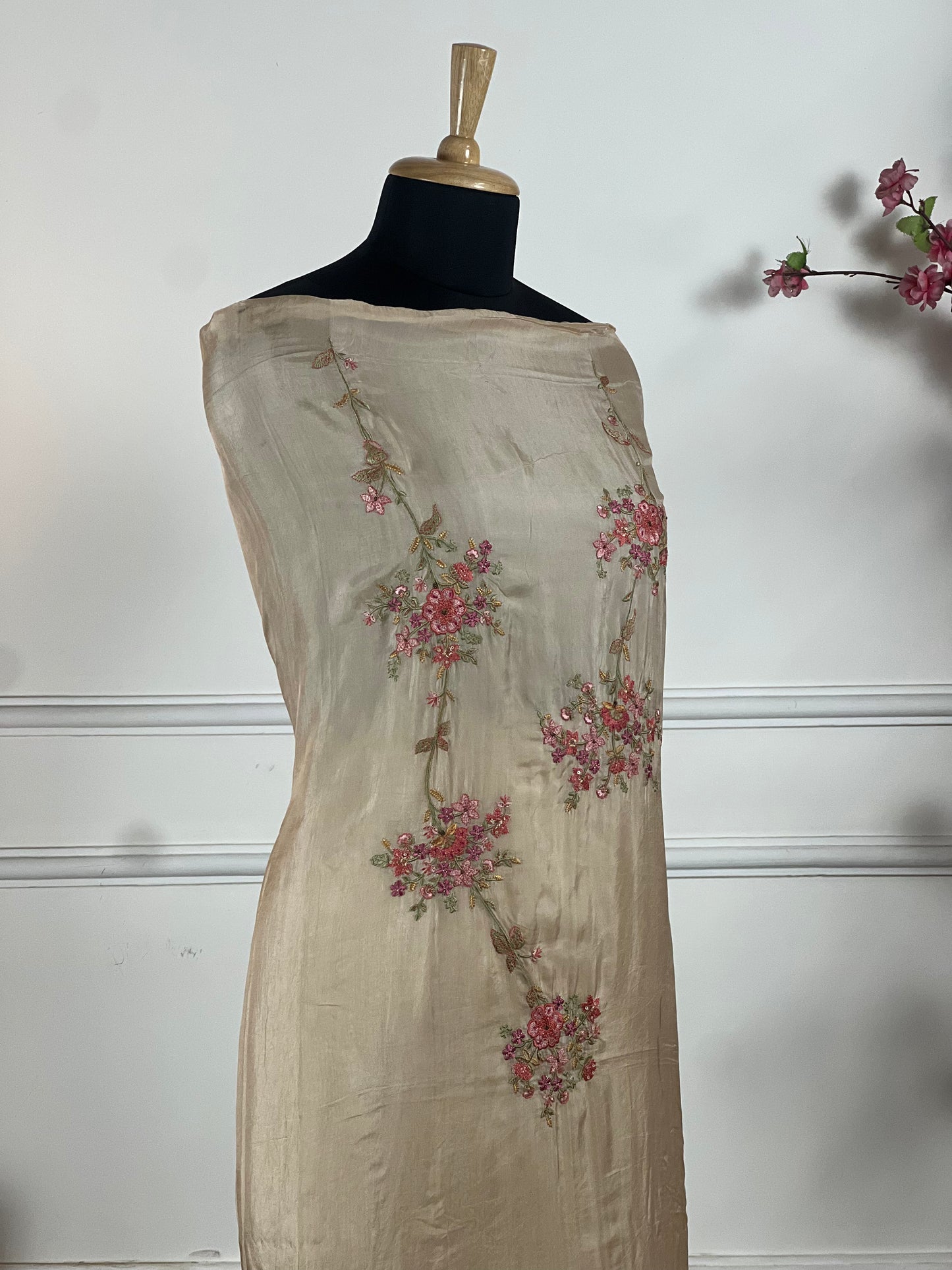 TOP: Habutai Silk work on neck ; BOTTOM: Plain Jaam Satin ; DUPATTA: Pure printed  art no 0158