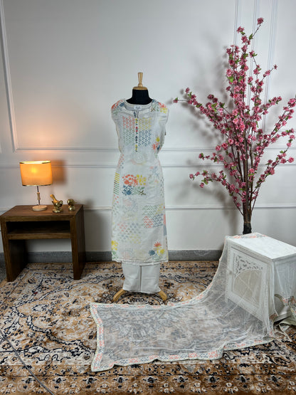 TOP: Linen Silk digital print ; BOTTOM: Cotton ; DUPATTA: Pure chiffon with printed lace  art no 0160