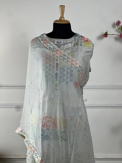 TOP: Linen Silk digital print ; BOTTOM: Cotton ; DUPATTA: Pure chiffon with printed lace  art no 0160