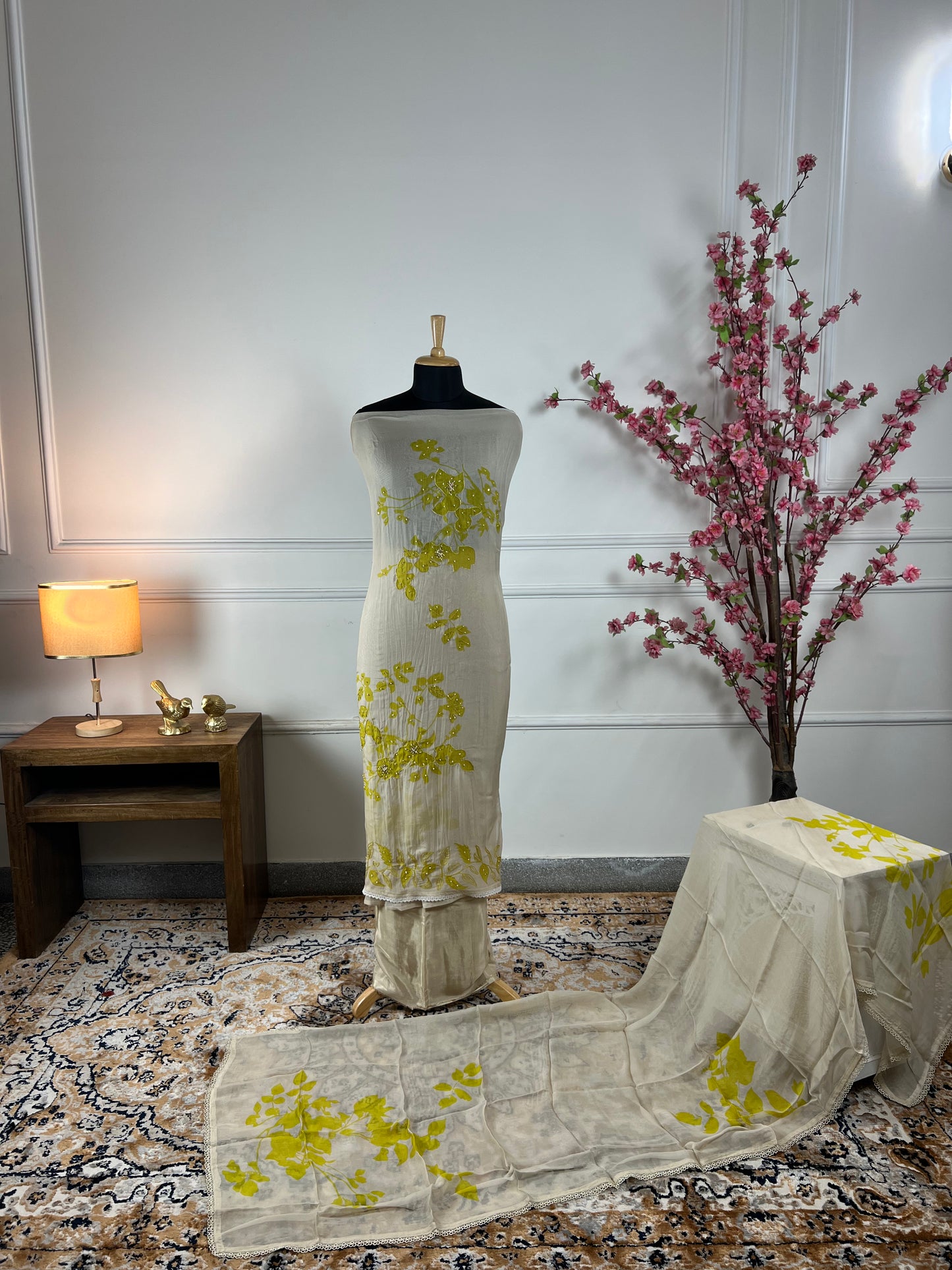TOP: Organja digital work print and highlight siquins and pearls work ; BOTTOM: Pure santoon ; DUPATTA: Organja digital work and print and lace  art no 0161