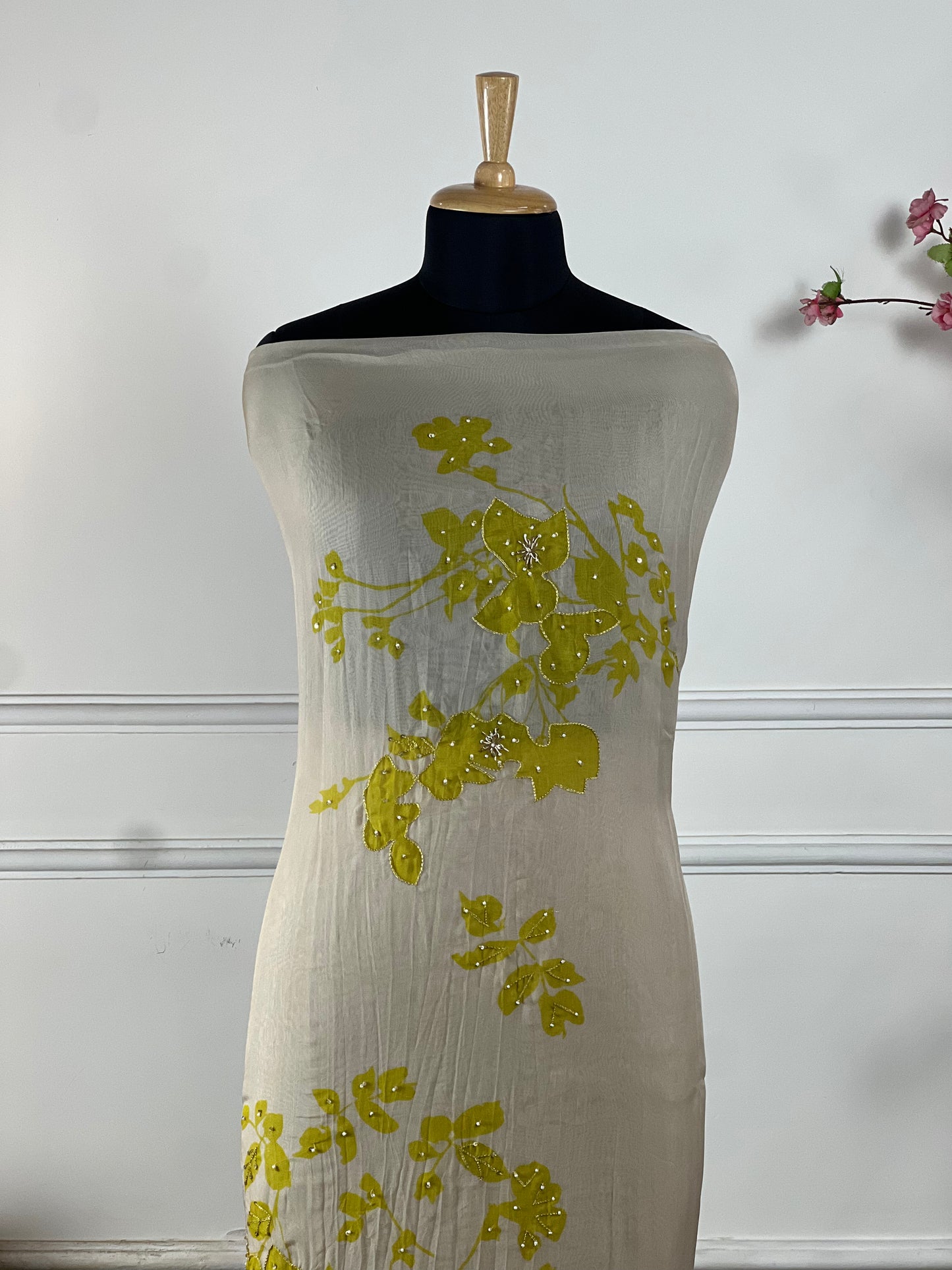 TOP: Organja digital work print and highlight siquins and pearls work ; BOTTOM: Pure santoon ; DUPATTA: Organja digital work and print and lace  art no 0161