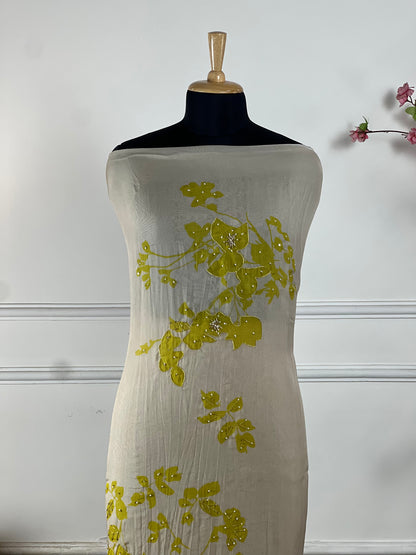 TOP: Organja digital work print and highlight siquins and pearls work ; BOTTOM: Pure santoon ; DUPATTA: Organja digital work and print and lace  art no 0161