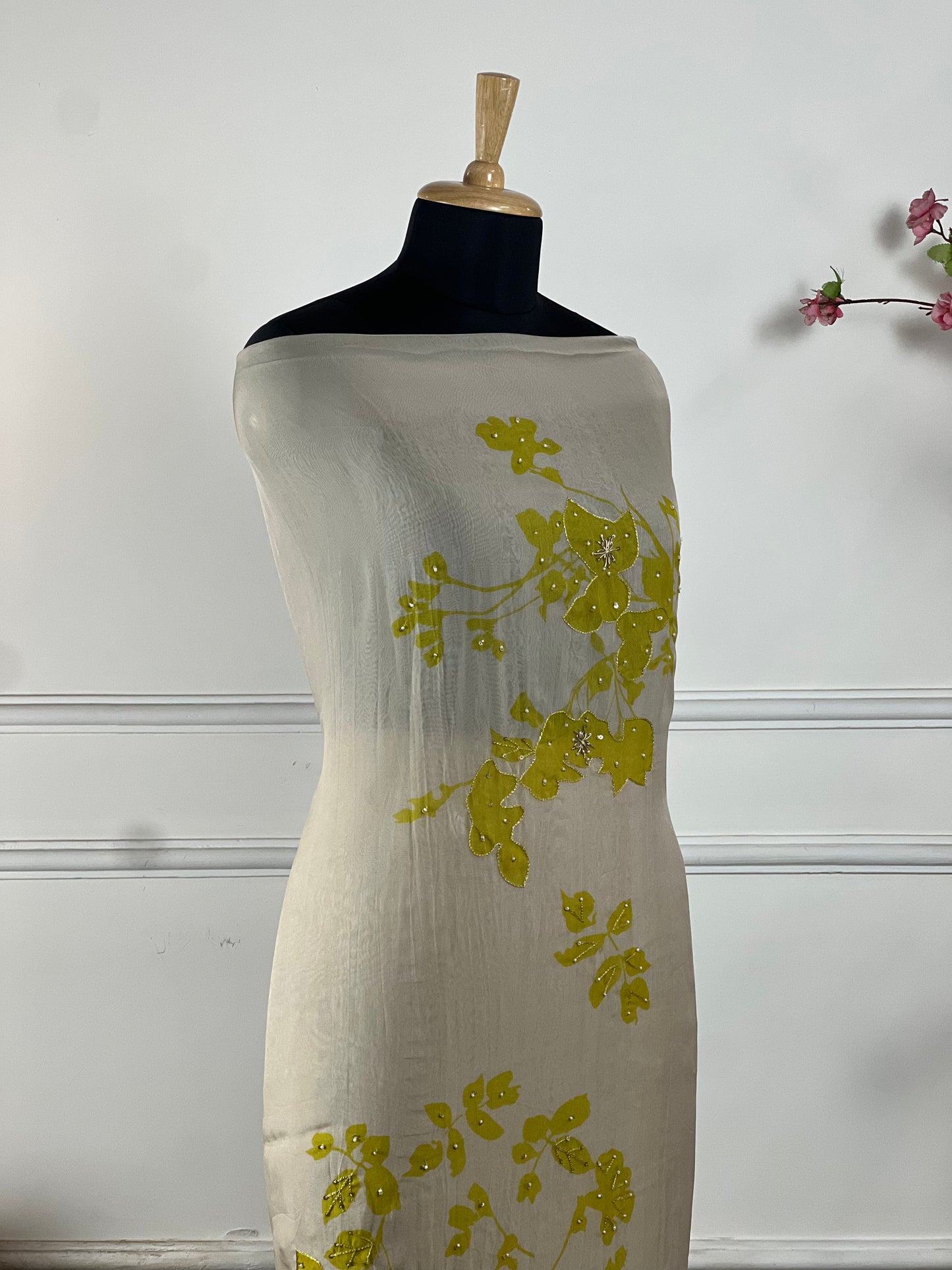TOP: Organja digital work print and highlight siquins and pearls work ; BOTTOM: Pure santoon ; DUPATTA: Organja digital work and print and lace  art no 0161