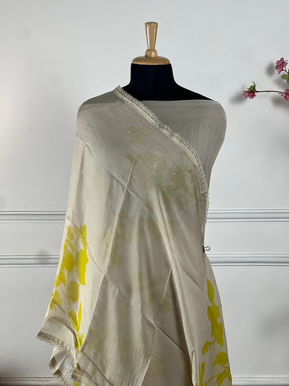TOP: Organja digital work print and highlight siquins and pearls work ; BOTTOM: Pure santoon ; DUPATTA: Organja digital work and print and lace  art no 0161