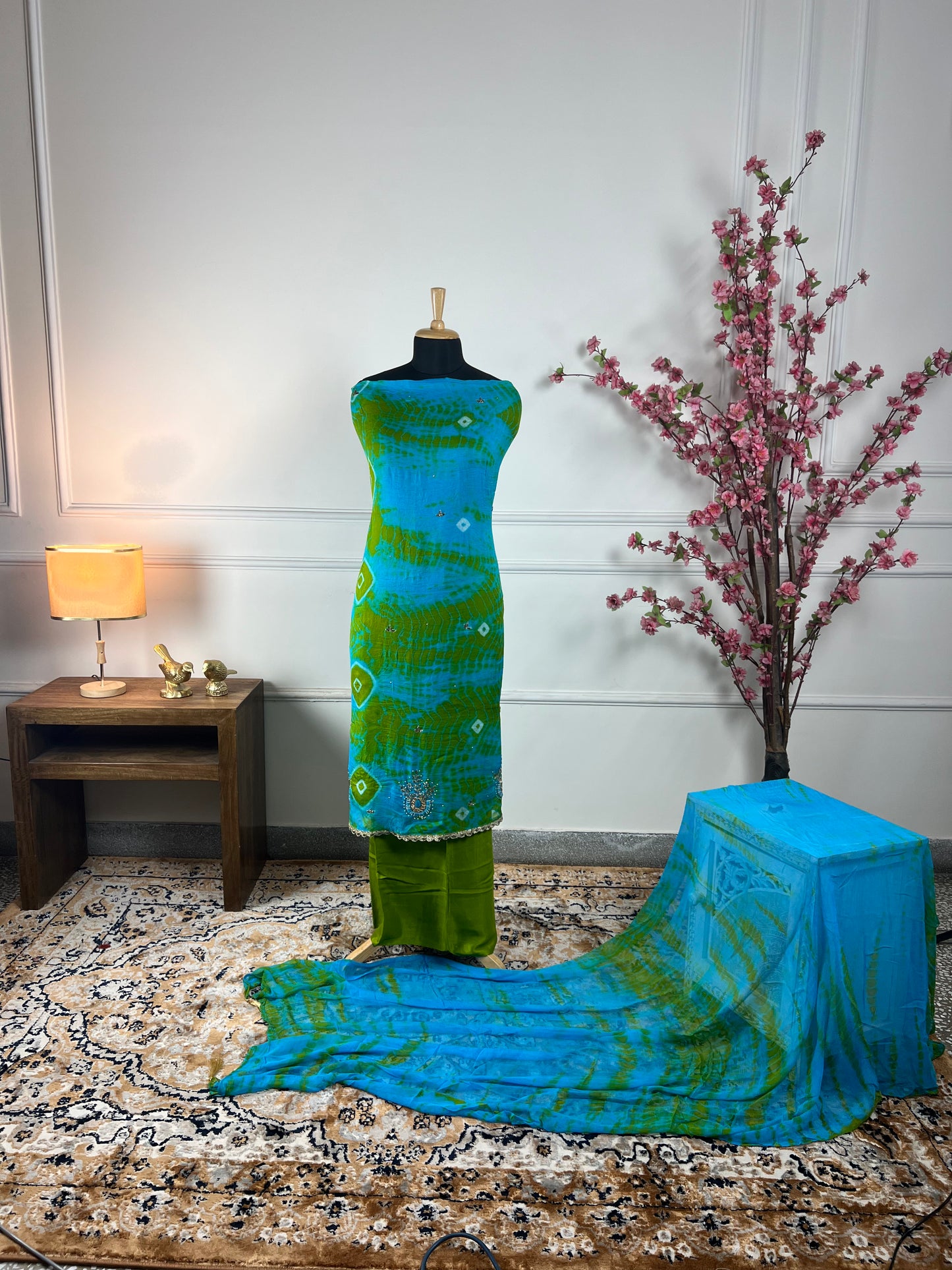 TOP: Burbric tie and dye print and handwork ; BOTTOM: Santoon Silk ; DUPATTA: Pure dupatta tie and dye and tassels lace  art no 0162