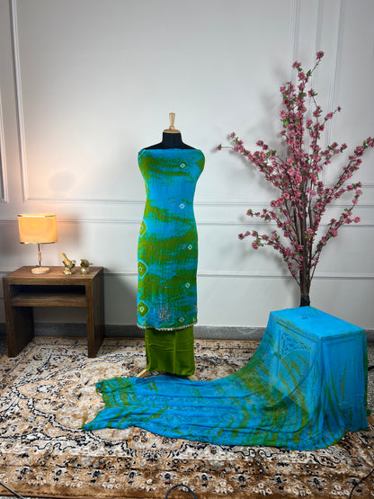 TOP: Burbric tie and dye print and handwork ; BOTTOM: Santoon Silk ; DUPATTA: Pure dupatta tie and dye and tassels lace  art no 0162