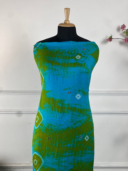 TOP: Burbric tie and dye print and handwork ; BOTTOM: Santoon Silk ; DUPATTA: Pure dupatta tie and dye and tassels lace  art no 0162