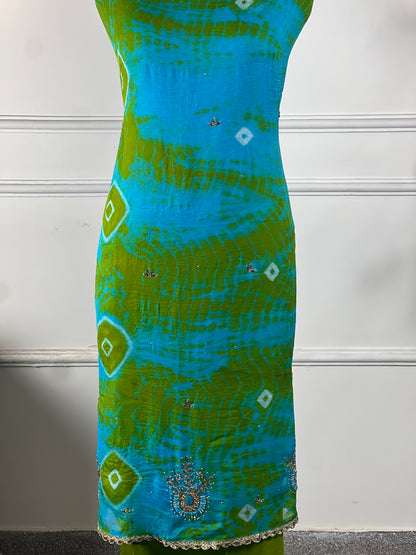TOP: Burbric tie and dye print and handwork ; BOTTOM: Santoon Silk ; DUPATTA: Pure dupatta tie and dye and tassels lace  art no 0162