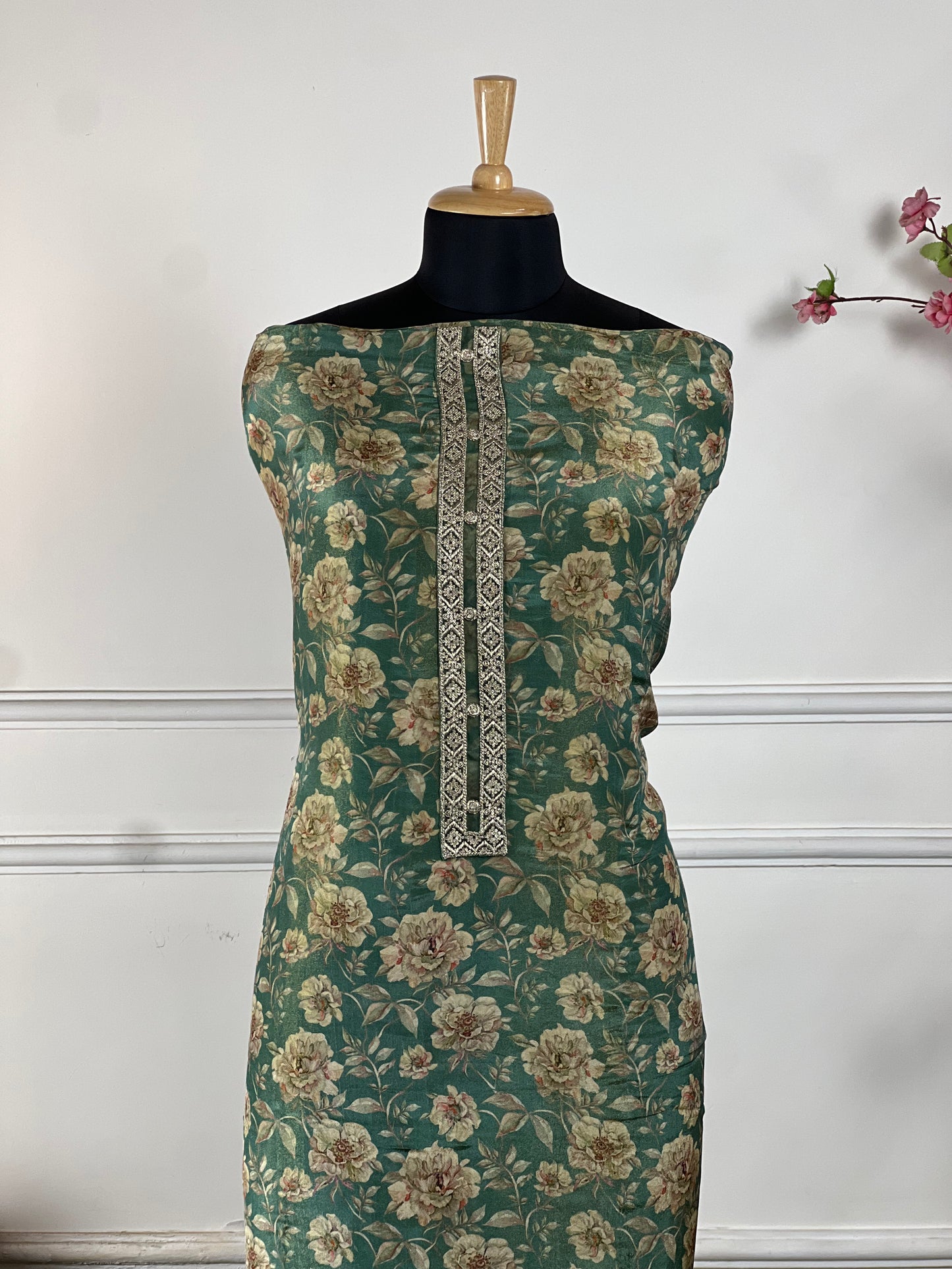 TOP: Shimmer silk digital print ; BOTTOM: Silk santoon ; DUPATTA: Pure two side work  art no 0165