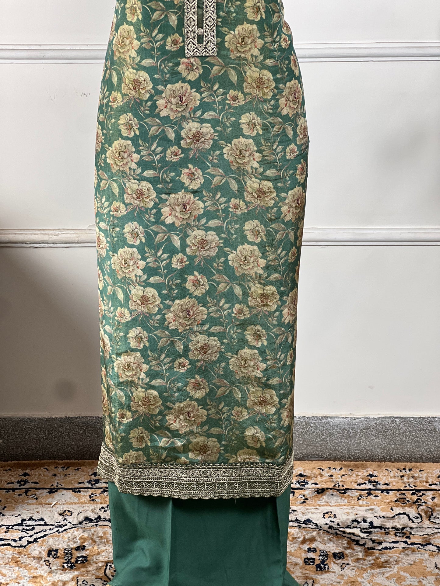 TOP: Shimmer silk digital print ; BOTTOM: Silk santoon ; DUPATTA: Pure two side work  art no 0165