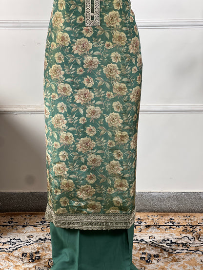 TOP: Shimmer silk digital print ; BOTTOM: Silk santoon ; DUPATTA: Pure two side work  art no 0165