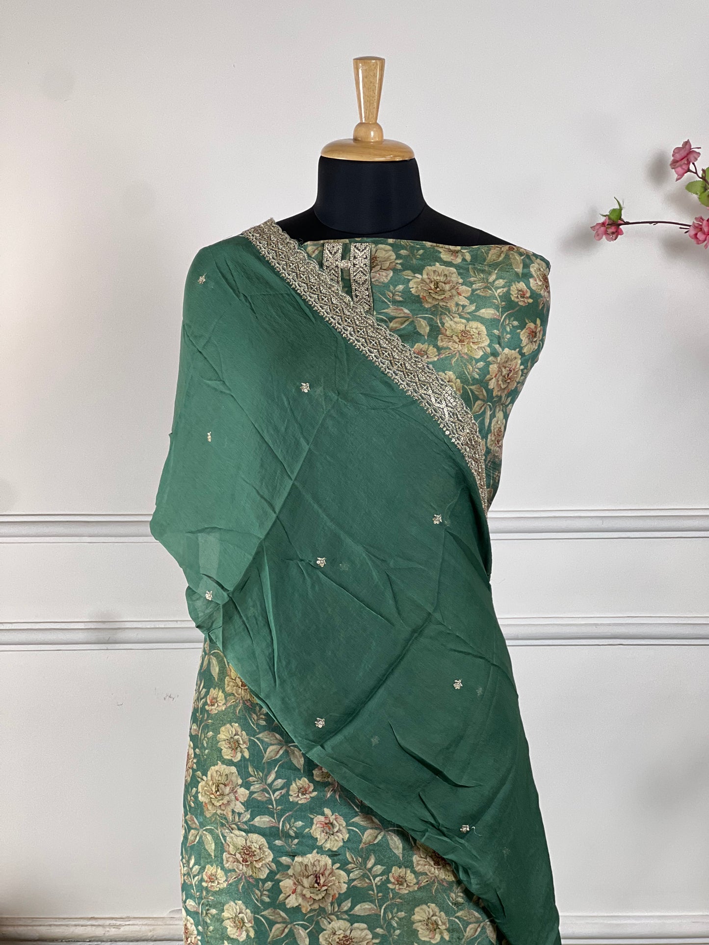 TOP: Shimmer silk digital print ; BOTTOM: Silk santoon ; DUPATTA: Pure two side work  art no 0165