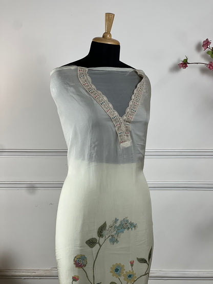TOP: Organja digital print Front and baju print ; BOTTOM: Santoon silk ; DUPATTA: Organja digital print and cutwork stoll  art no 0166
