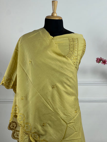TOP: Soft mul chanderi Thread work, sequin ; BOTTOM: Silk santoon ; DUPATTA: Mul chanderi Thread cut work  art no 0189