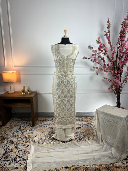TOP: Soft mul chanderi Thread work, sequin ; BOTTOM: Silk santoon ; DUPATTA: Mul chanderi Thread cut work  art no 0190