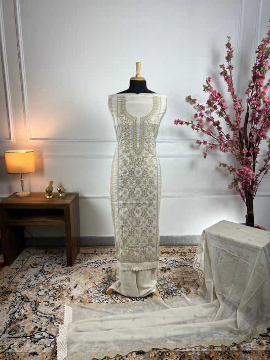 TOP: Soft mul chanderi Thread work, sequin ; BOTTOM: Silk santoon ; DUPATTA: Mul chanderi Thread cut work  art no 0190