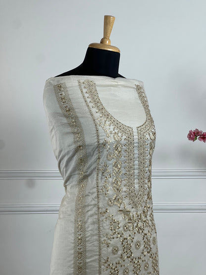 TOP: Soft mul chanderi Thread work, sequin ; BOTTOM: Silk santoon ; DUPATTA: Mul chanderi Thread cut work  art no 0190