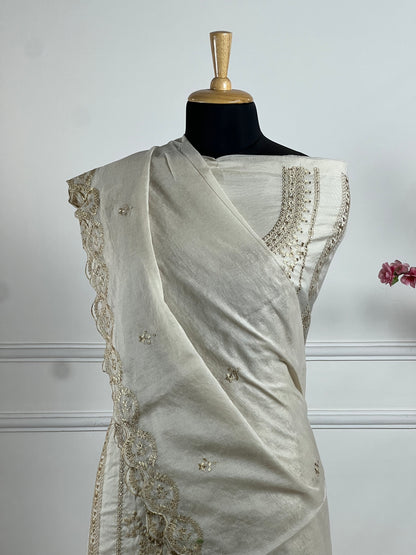 TOP: Soft mul chanderi Thread work, sequin ; BOTTOM: Silk santoon ; DUPATTA: Mul chanderi Thread cut work  art no 0190