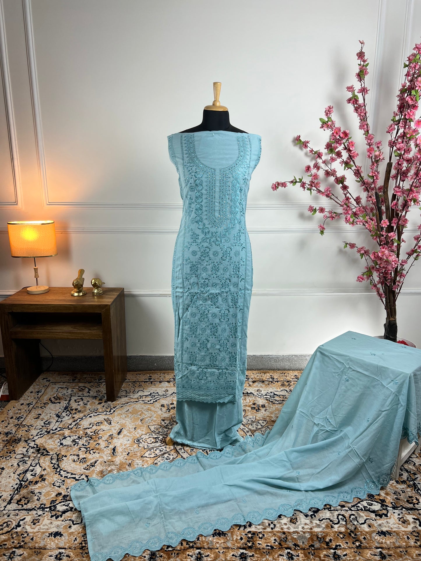 TOP: Soft mul chanderi Thread work, sequin ; BOTTOM: Silk santoon ; DUPATTA: Mul chanderi Thread cut work  art no 0191