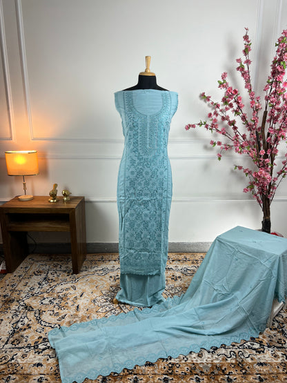 TOP: Soft mul chanderi Thread work, sequin ; BOTTOM: Silk santoon ; DUPATTA: Mul chanderi Thread cut work  art no 0191