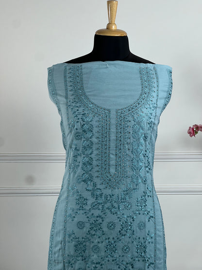 TOP: Soft mul chanderi Thread work, sequin ; BOTTOM: Silk santoon ; DUPATTA: Mul chanderi Thread cut work  art no 0191