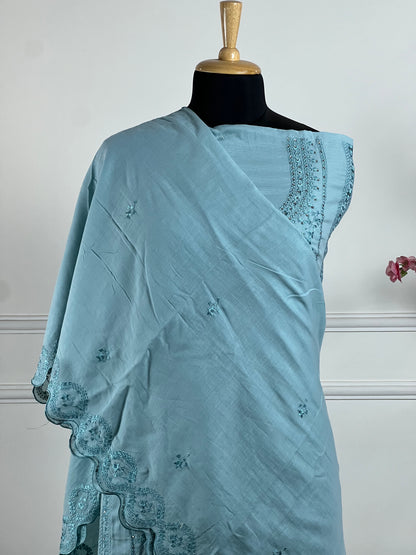 TOP: Soft mul chanderi Thread work, sequin ; BOTTOM: Silk santoon ; DUPATTA: Mul chanderi Thread cut work  art no 0191