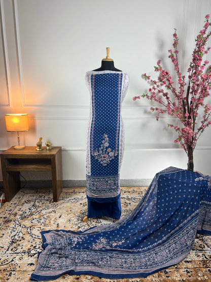 TOP: Muslin print pannel and handwork ; BOTTOM: Silk Santoon ; DUPATTA: Muslin printed  art no 0193