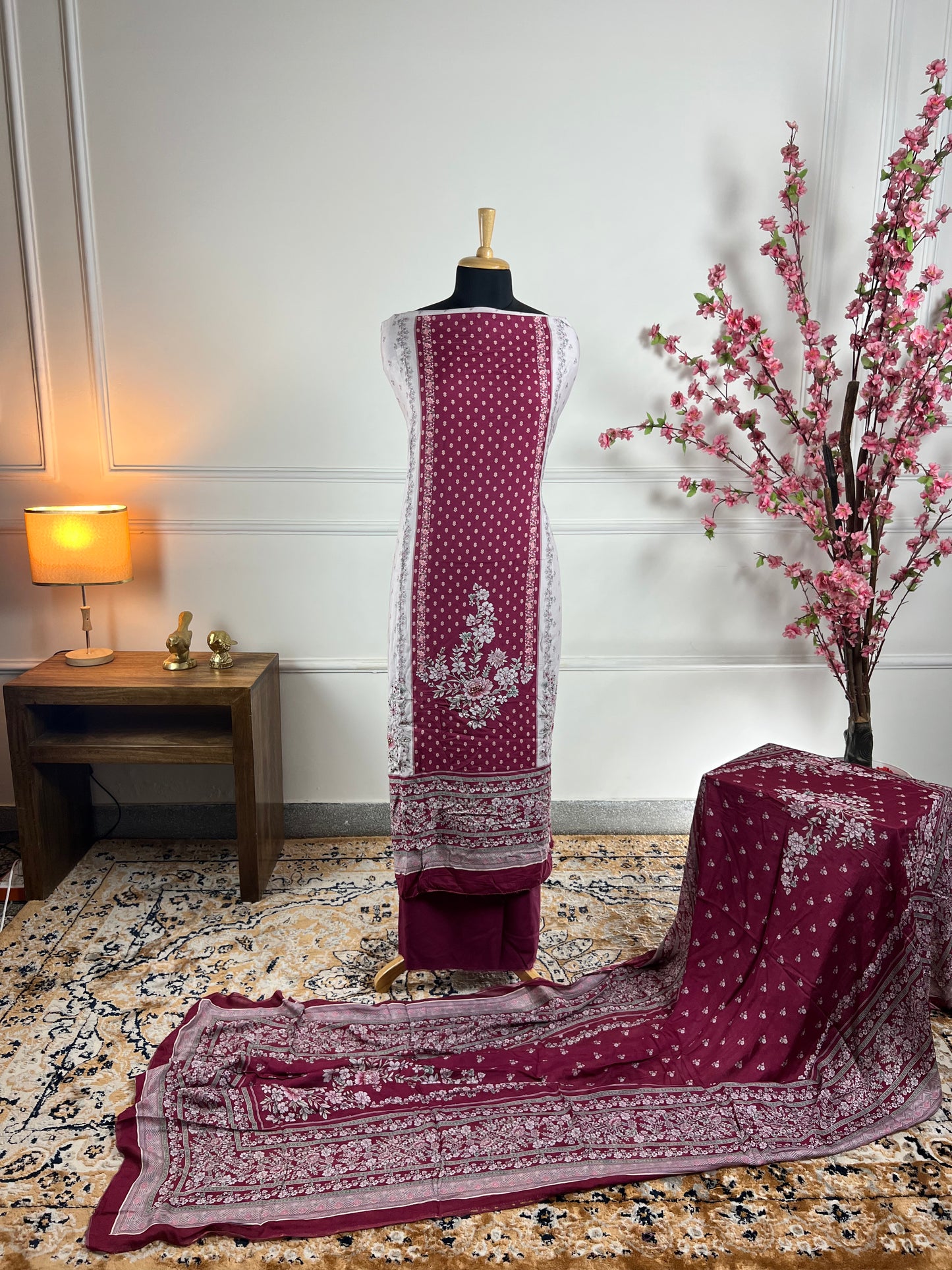 TOP: Muslin print pannel and handwork ; BOTTOM: Silk Santoon ; DUPATTA: Muslin printed  art no 0194