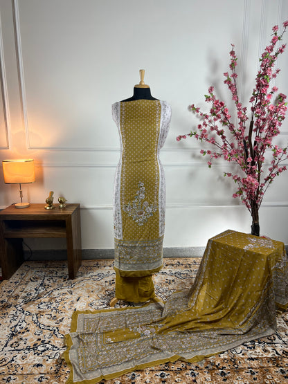 TOP: Muslin print pannel and handwork ; BOTTOM: Silk Santoon ; DUPATTA: Muslin printed  art no 0195