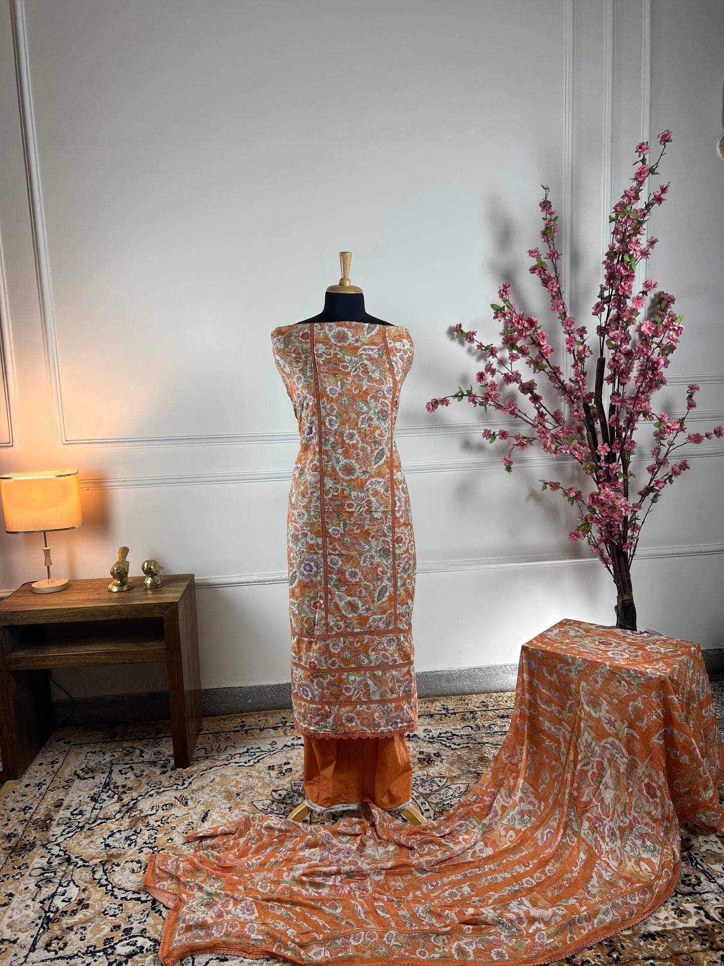 TOP: Lawn cotton Thread Jaal work and lace Digital print ; BOTTOM: Lawn Cotton ; DUPATTA: Muslin four side lace, Digital print  art no 0196