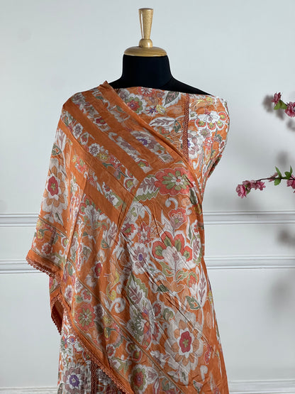 TOP: Lawn cotton Thread Jaal work and lace Digital print ; BOTTOM: Lawn Cotton ; DUPATTA: Muslin four side lace, Digital print  art no 0196