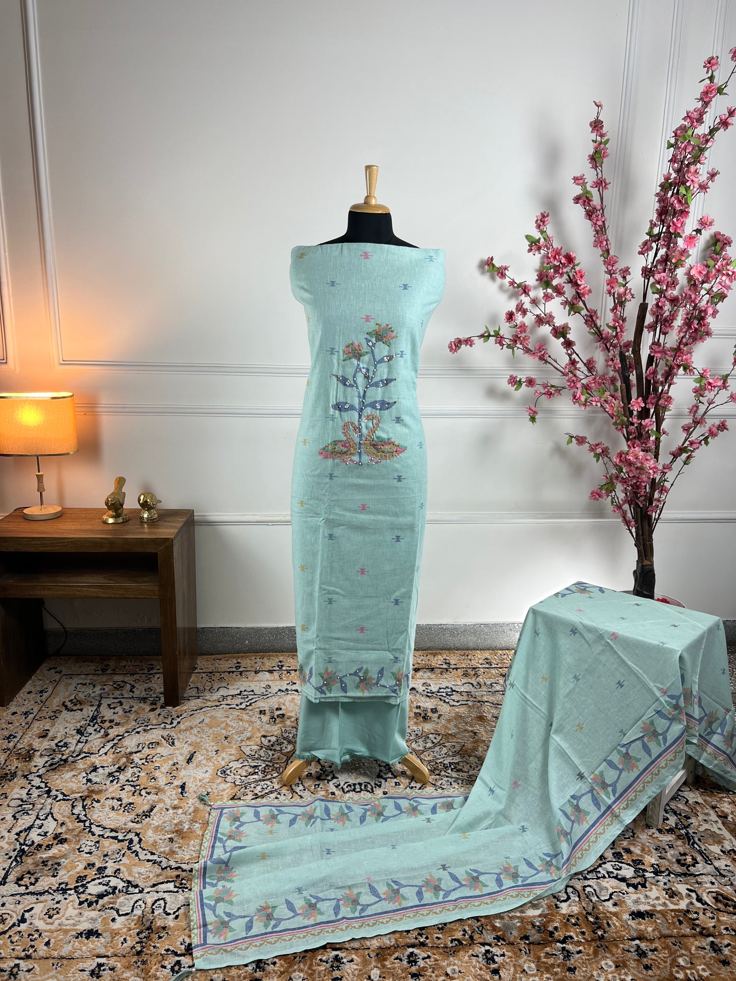 TOP: Kora cotton Hand work digital print ; BOTTOM: Malai Cotton ; DUPATTA: Kora Cotton digital printed Stall  art no 0199